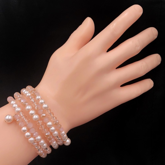 Light Pink Pearl Glass Beaded Wrap Around Fancy Layered Bracelet - Picture 2 of 2